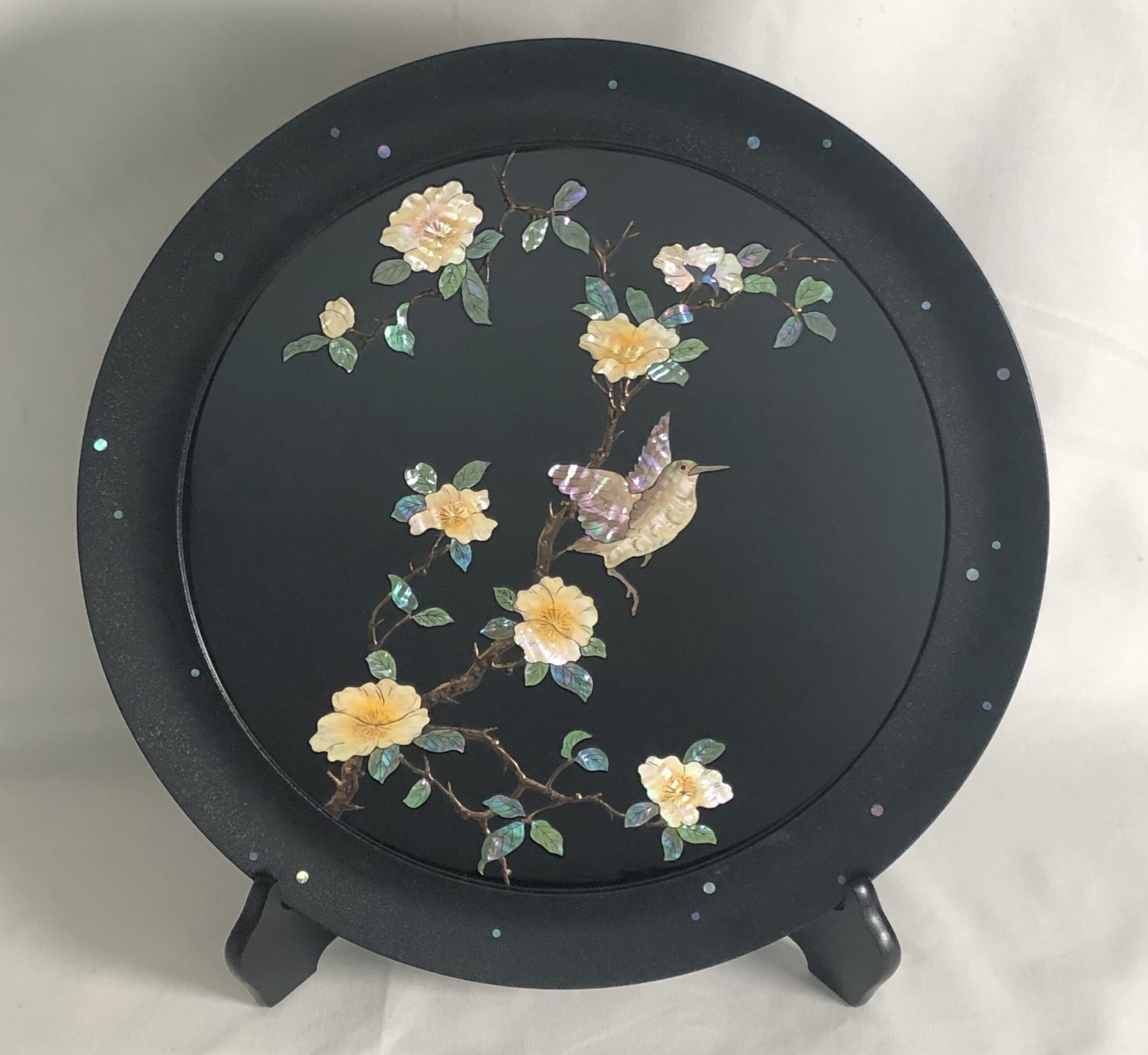 飾り皿 青貝錆絵 野茨にクイナ | 武蔵川工房